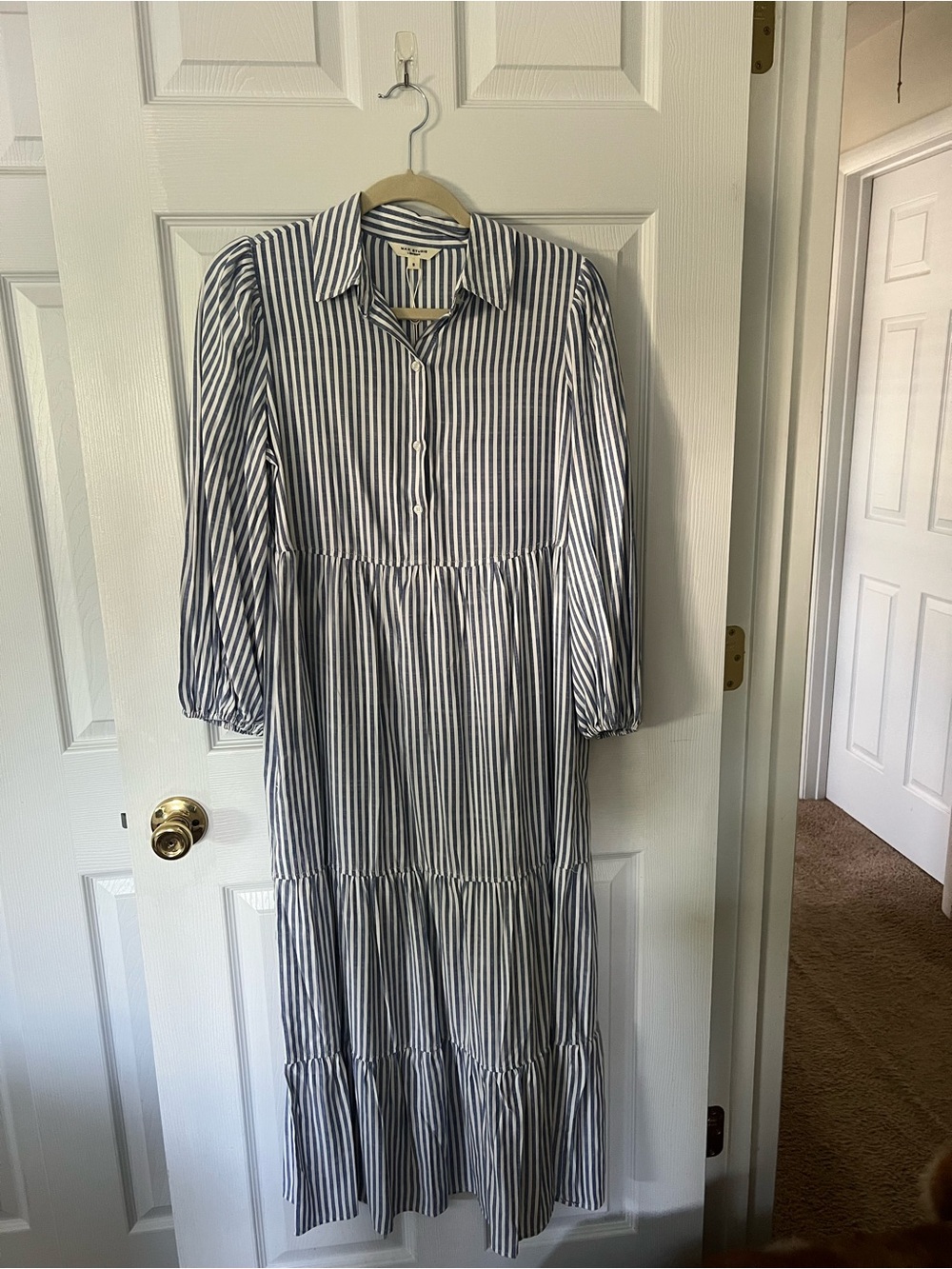 Max Studio Blue and White Striped Tiered Maxi Dress